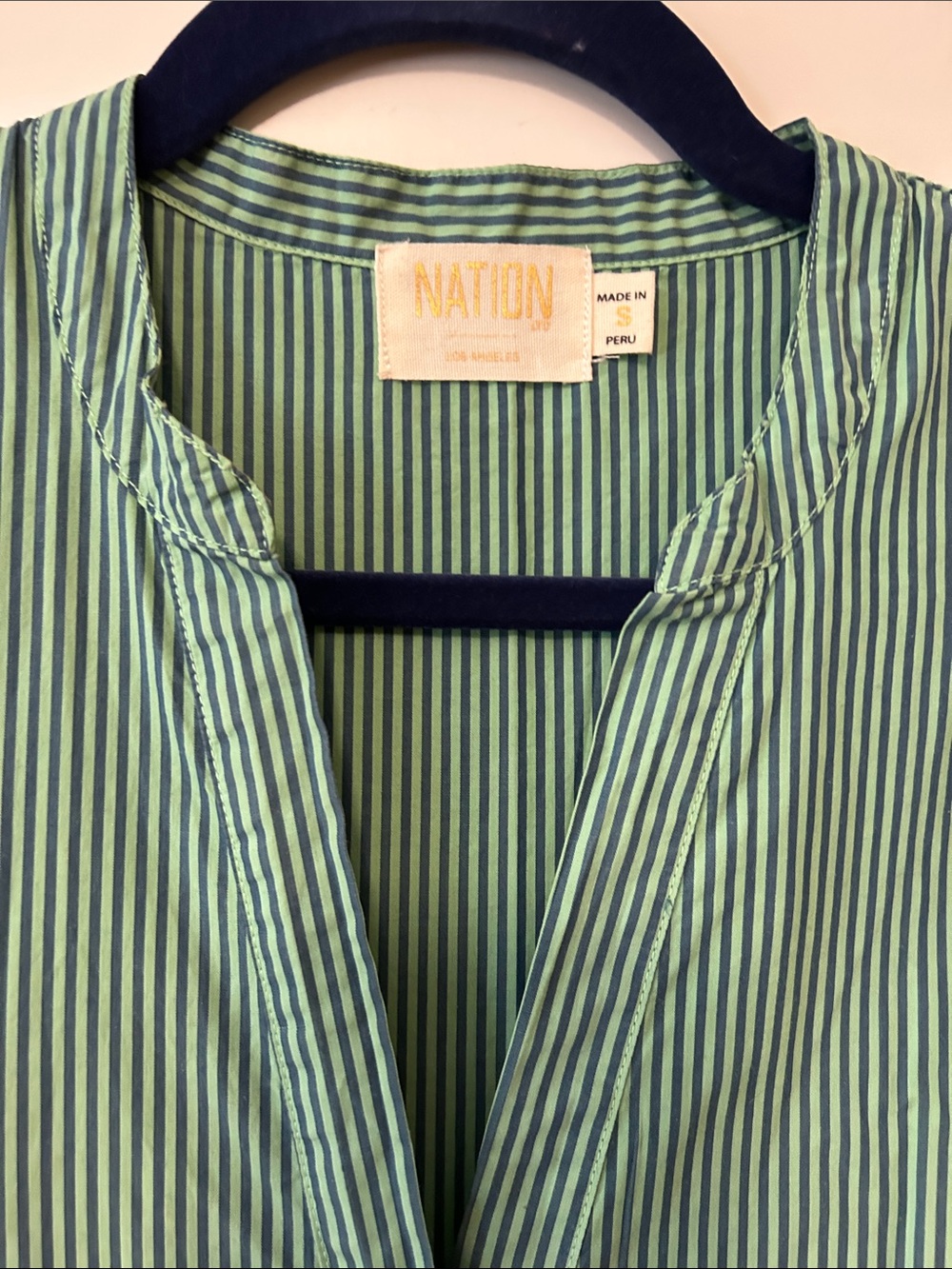 Nation LTD Dustin Romantic MIDI Green and Navy Striped Shirt Dress add Denim - Picture 2 of 9
